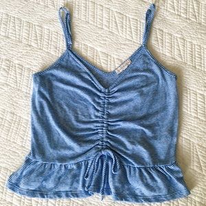 Socialite Cinched Front Blue & White Striped Tank